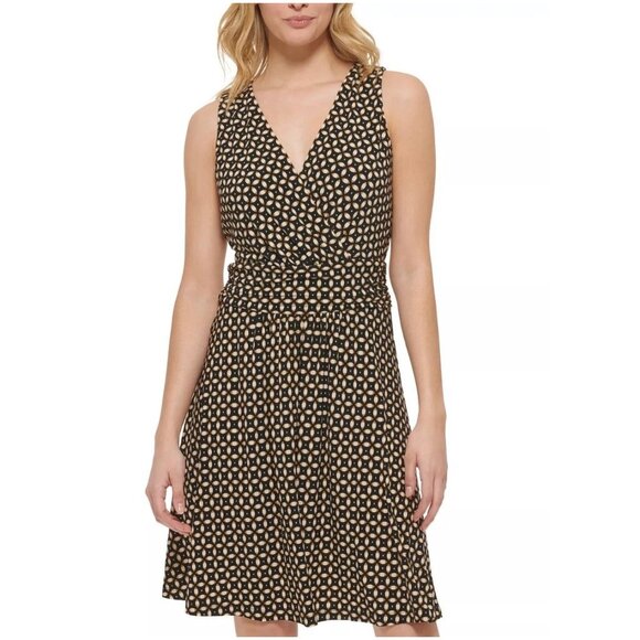 Tommy Hilfiger Black Beige Geometric Print Dress Size 14 Summer Office Career - Picture 1 of 12